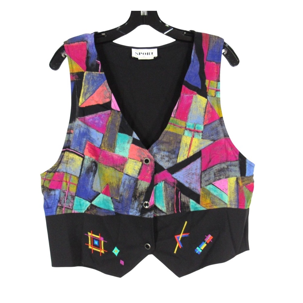 VTG SUNNY SPORT Multicolor PATCHWORK GEOMETRIC Button-Down TWILL Vest Sz 12